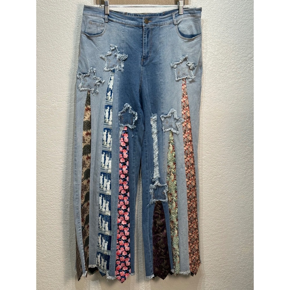 A Rare Bird Women's Blue Denim Patchwork‎ Star Vintage Tie Wide Leg Jeans XL